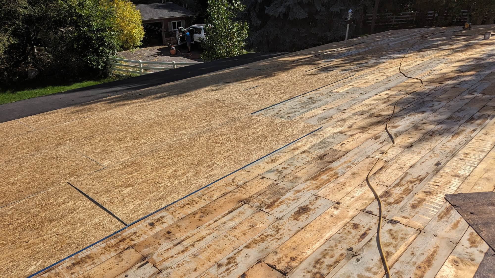 Skip-sheath re-deck in progress on a mid-century home